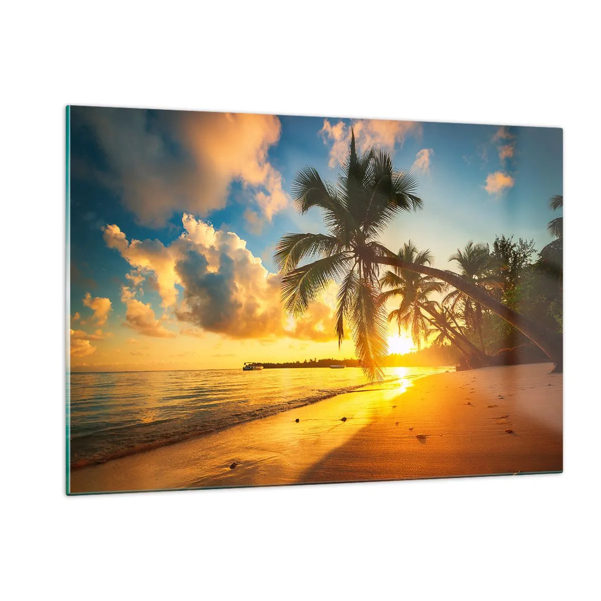 Glasbild - Bild auf glas - Tropischer Strand mit Palmen bei Sonnenuntergang - 120x80cm - Karibischer Traum - Moderne Wanddekoration für Wohnzimmer und Schlafzimmer ARTTOR