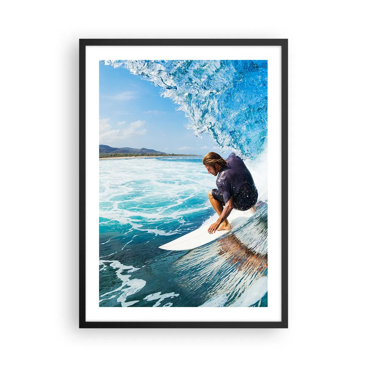 Poster in einem schwarzem Rahmen - Ein Surfer in einem Wasserschlauch vor dem Hintergrund eines blauen Ozeans - 50x70cm - Tanzen mit den Wellen - Moderne Wanddekoration für Wohnzimmer und Schlafzimmer ARTTOR