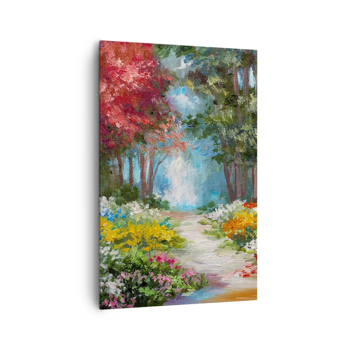 Bild auf Leinwand - Leinwandbild - Ein malerischer Garten voller bunter Blumen und Bäume in einer Waldumgebung - 80x120cm - Waldgarten, Blumenwald - Moderne Wanddekoration für Wohnzimmer und Schlafzimmer ARTTOR