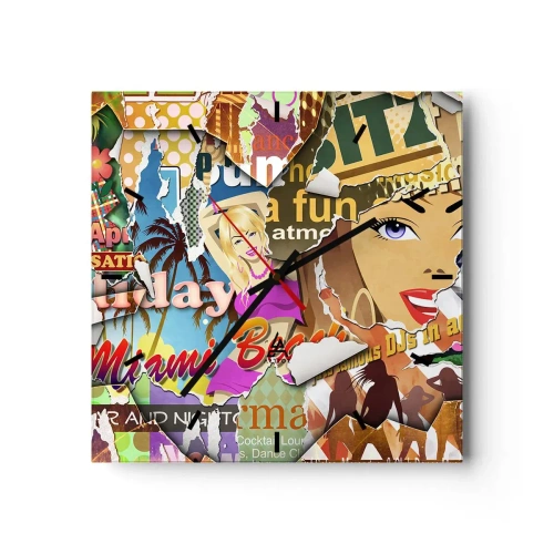 Wanduhr - Glasuhr - Eine farbenfrohe Collage mit Retro- und Pop-Art-Elementen. - 30x30cm - Sommer Rückblicke - Moderne Wanddekoration für Wohnzimmer und Schlafzimmer ARTTOR