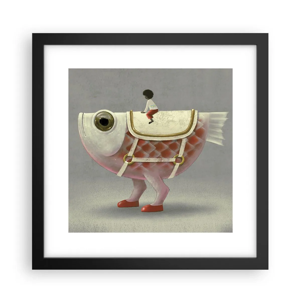 Poster in einem schwarzem Rahmen - Reiter auf einem surrealen Fisch - 30x30 cm