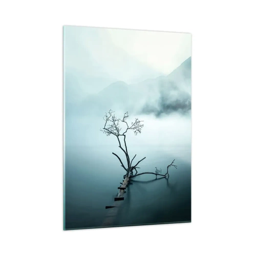 Glasbild - Bild auf glas - Ein einsamer Baum vor der Kulisse der Berge, die in Nebel gehüllt sind, über dem Wasser - 50x70cm - Aus Wasser und Nebel - Moderne Wanddekoration für Wohnzimmer und Schlafzimmer ARTTOR