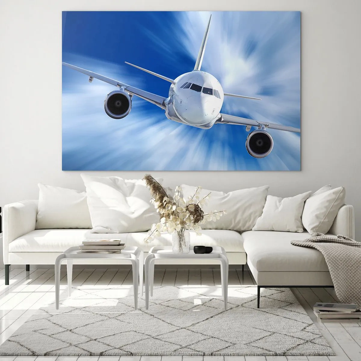 Glasbild - Bild auf glas - Ein Passagierflugzeug vor einem dynamischen blauen Himmel - 120x80cm - Schneller als der Wind am Himmel - Moderne Wanddekoration für Wohnzimmer und Schlafzimmer ARTTOR