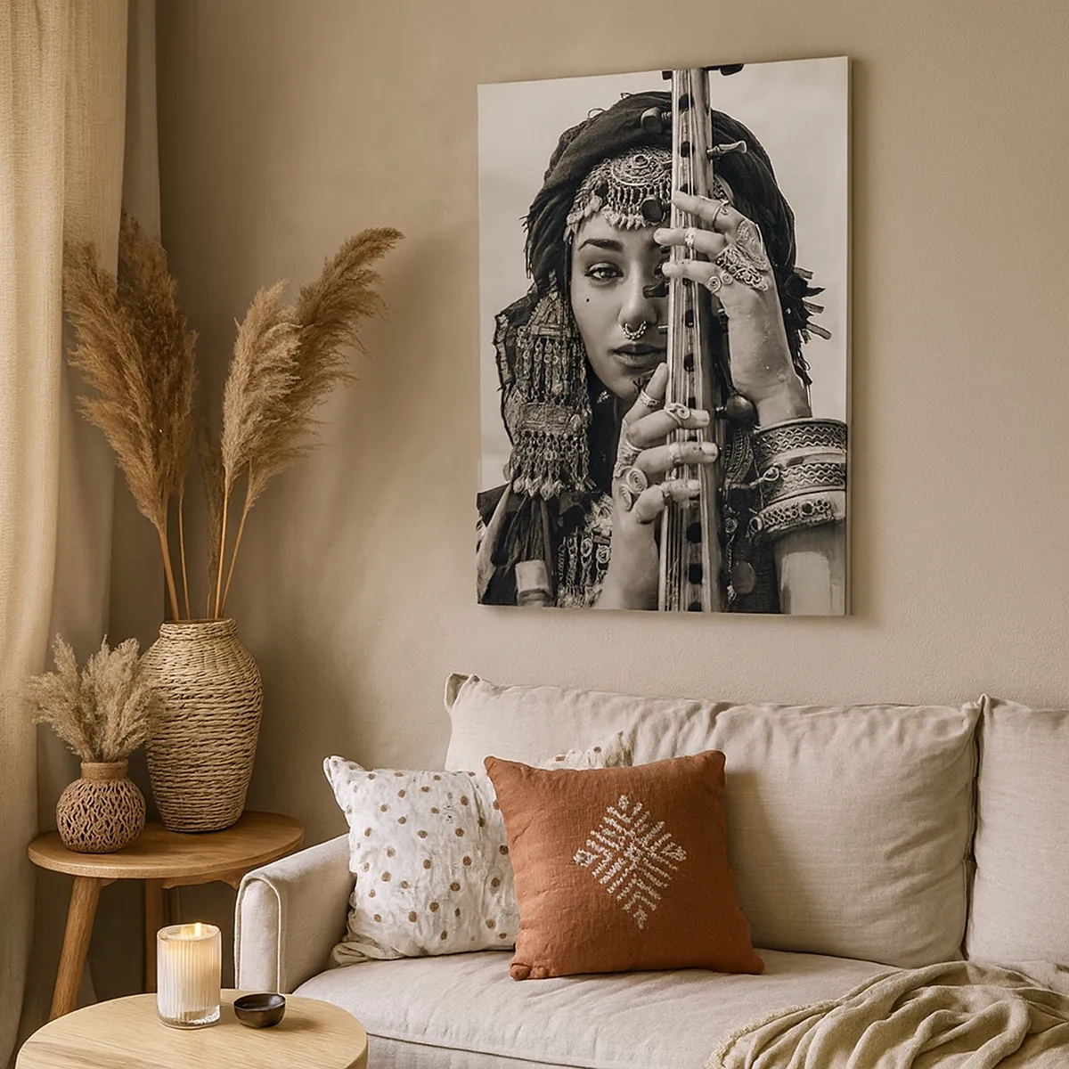 Bild auf Leinwand - Leinwandbild - Porträt einer Frau mit ethnischem Schmuck, die ein Instrument in der Hand hält - 50x70cm - Die Musik des Orients selbst - Moderne Wanddekoration für Wohnzimmer und Schlafzimmer ARTTOR