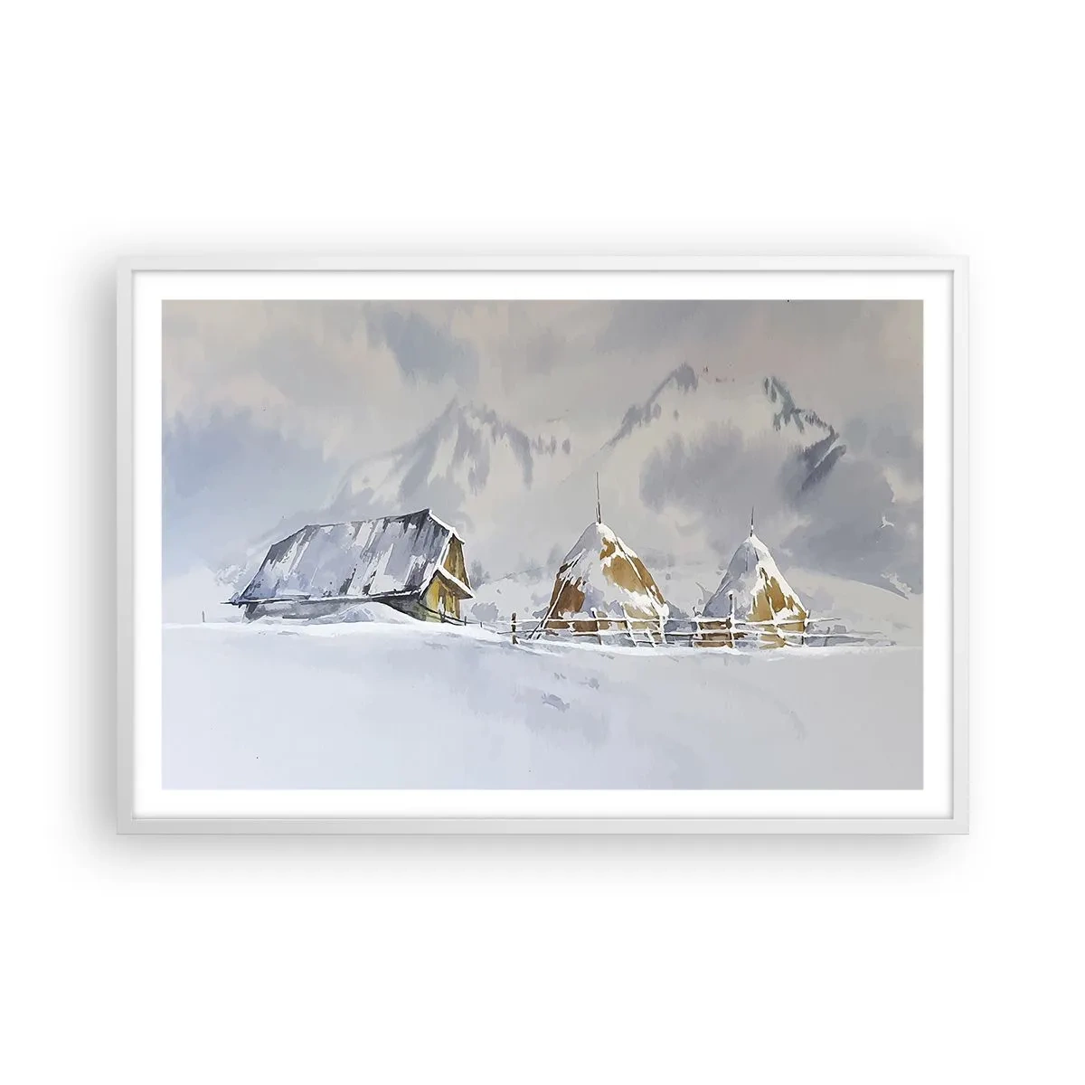 Poster in einem weißen Rahmen - In einem verschneiten Talkessel - 91x61 cm