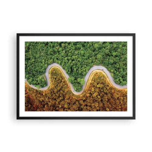 Poster in einem schwarzem Rahmen - Eine kurvenreiche Straße durch den Wald aus der Vogelperspektive gesehen - 70x50cm - Grenzen und Durchbrüche - Moderne Wanddekoration für Wohnzimmer und Schlafzimmer ARTTOR