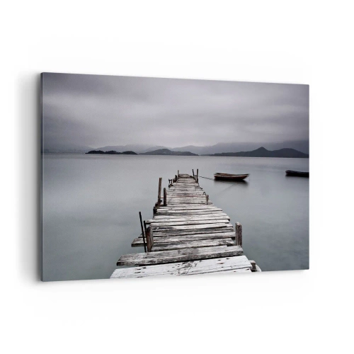 Bild auf Leinwand - Leinwandbild - Eine Holzbrücke, die zur ruhigen Oberfläche des Sees führt - 100x70cm - Du kannst morgen gehen - Moderne Wanddekoration für Wohnzimmer und Schlafzimmer ARTTOR