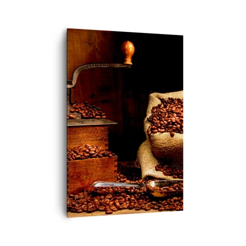 Bild auf Leinwand - Leinwandbild - Eine alte Kaffeemühle mit Bohnen und einer Tasche im rustikalen Stil. - 70x100cm - Stillleben mit Kaffeebohnen und einer Mühle - Moderne Wanddekoration für Wohnzimmer und Schlafzimmer ARTTOR