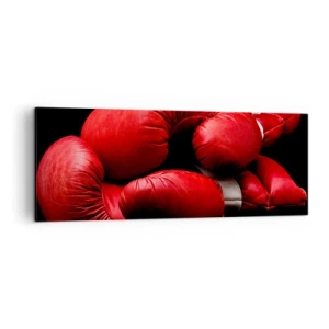 Bild auf Leinwand - Leinwandbild - Rote Boxhandschuhe auf schwarzem Hintergrund - 140x50cm - Die Emotionen des Kampfes liegen hinter uns - Moderne Wanddekoration für Wohnzimmer und Schlafzimmer ARTTOR