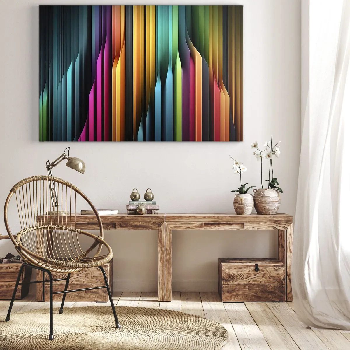 Bild auf Leinwand - Leinwandbild - Bunte vertikale Linien erzeugen eine dynamische Abstraktion. - 100x70cm - Lichtorgan - Moderne Wanddekoration für Wohnzimmer und Schlafzimmer ARTTOR