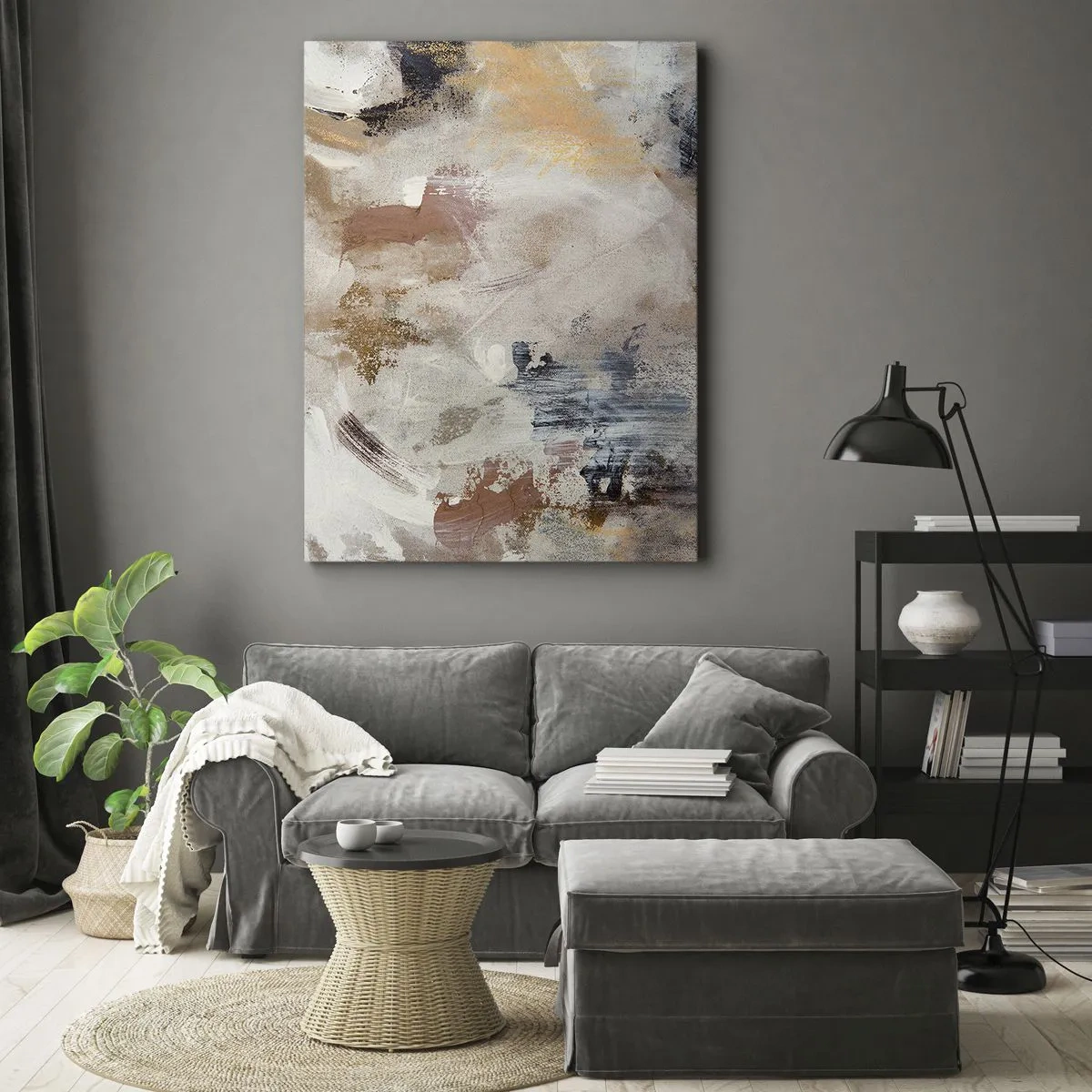 Bild auf Leinwand - Leinwandbild - Abstrakte Punkte in gedeckten Beige- und Goldtönen - 70x100cm - Neblige Abstraktion - Moderne Wanddekoration für Wohnzimmer und Schlafzimmer ARTTOR