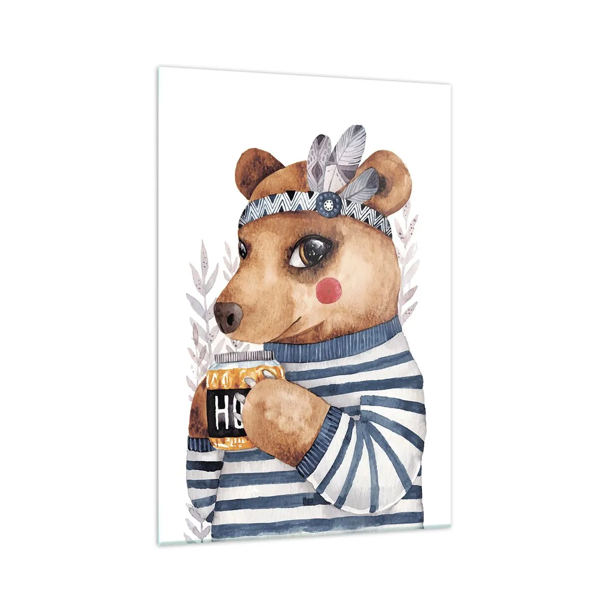 Glasbild - Bild auf glas - Ein Teddybär im gestreiften Pullover mit einer Tasse Honig - 70x100cm - Süße Bärin - Moderne Wanddekoration für Wohnzimmer und Schlafzimmer ARTTOR