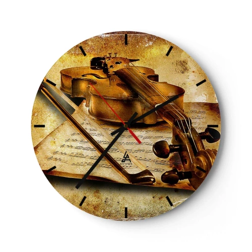 Wanduhr - Glasuhr - Ein Geigenmotiv mit Musiknoten auf goldfarbenem Hintergrund - 30x30cm - Ein Virtuose dringend benötigt - Moderne Wanddekoration für Wohnzimmer, Küche und Schlafzimmer ARTTOR
