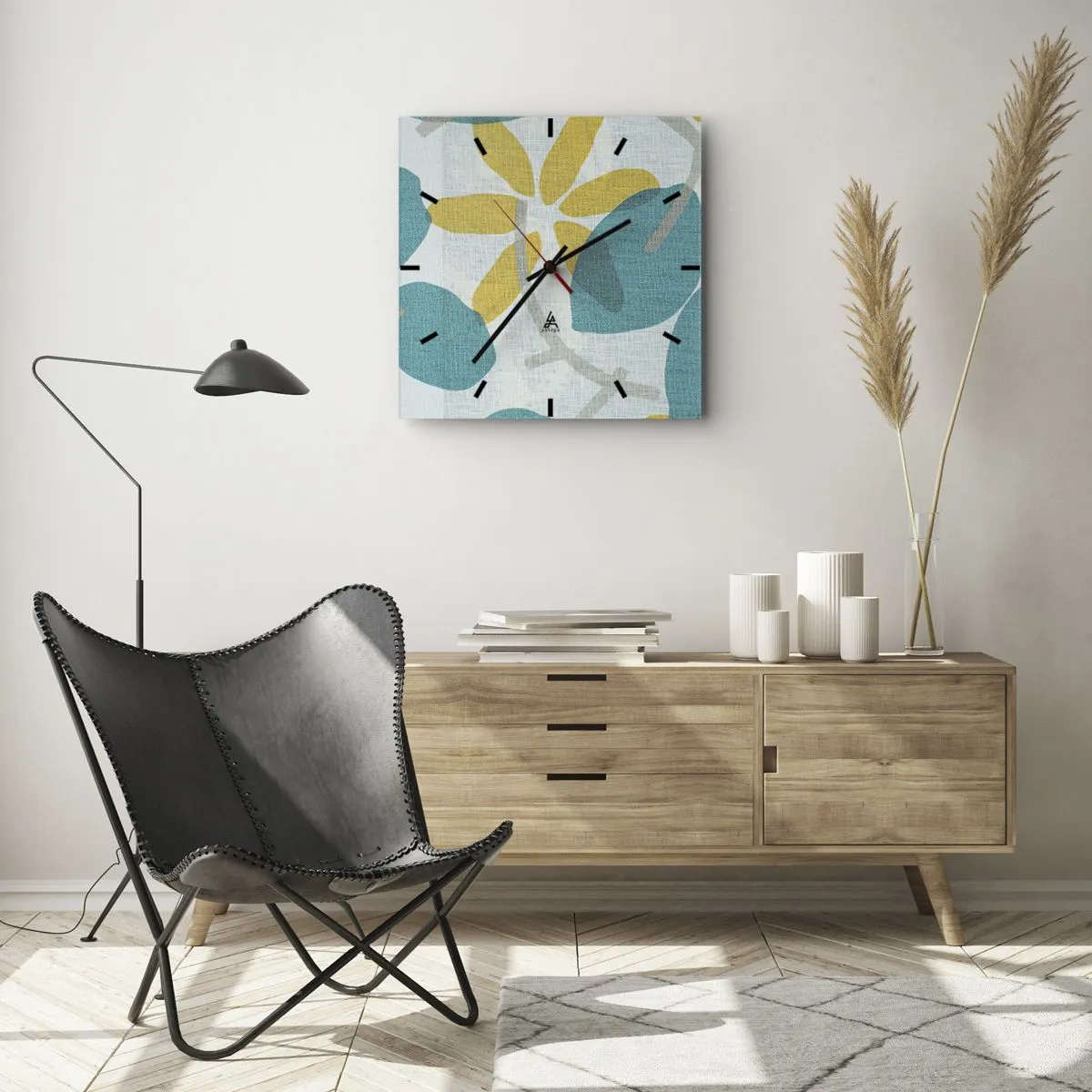 Wanduhr - Glasuhr - Blätter in Türkis- und Gelbtönen auf hellem Hintergrund - 30x30cm - Unter den azurblauen Blättern - Moderne Wanddekoration für Wohnzimmer und Schlafzimmer ARTTOR