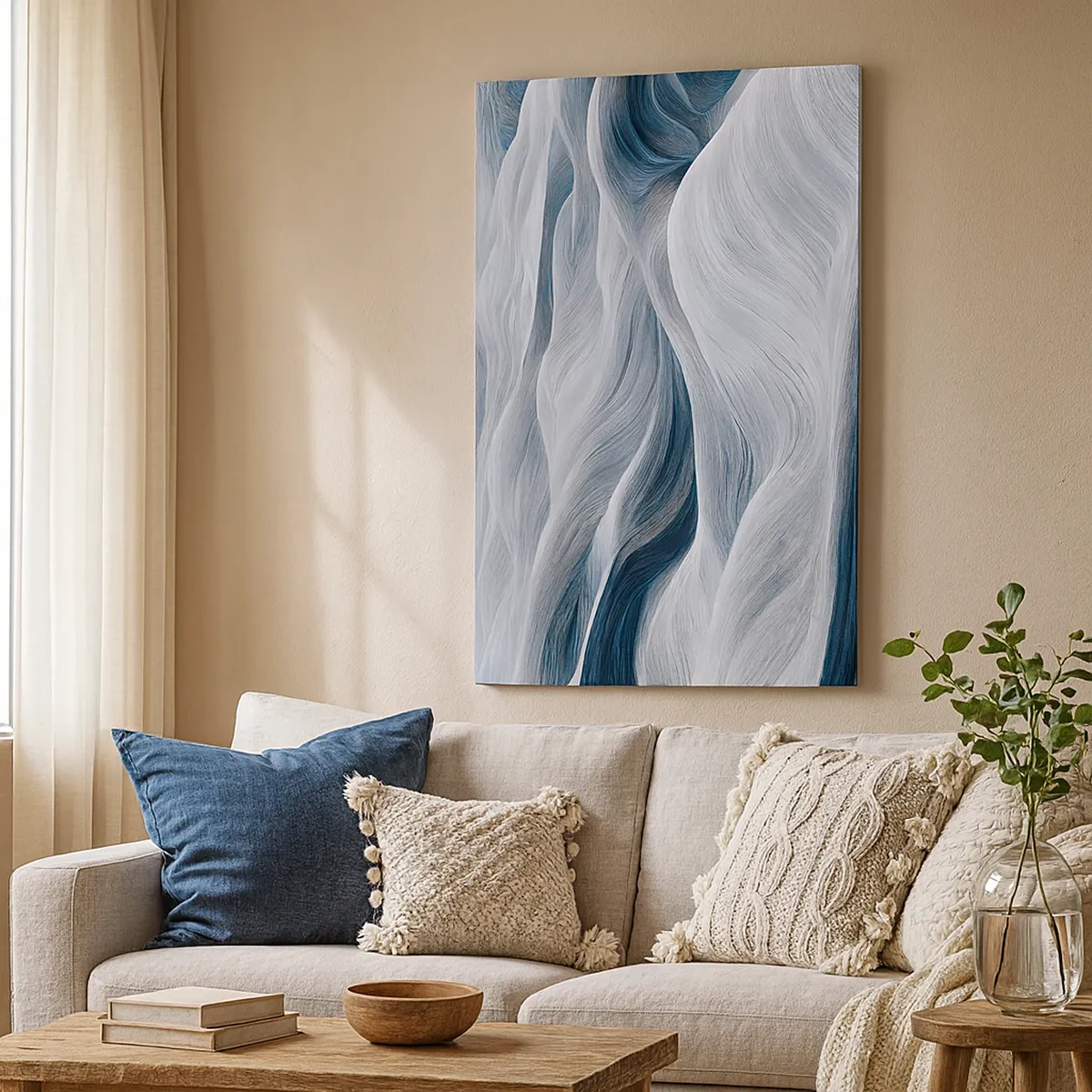 Bild auf Leinwand - Leinwandbild - Wellenlinien in Blau- und Weißtönen - 50x70cm - Weiße und blaue Wellen - Moderne Wanddekoration für Wohnzimmer und Schlafzimmer ARTTOR