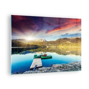 Glasbild - Bild auf glas - Ein malerischer See mit einem Holzsteg und Booten bei Sonnenuntergang - 70x50cm - Glatt wie ein Spiegel über dem Wasser - Moderne Wanddekoration für Wohnzimmer und Schlafzimmer ARTTOR