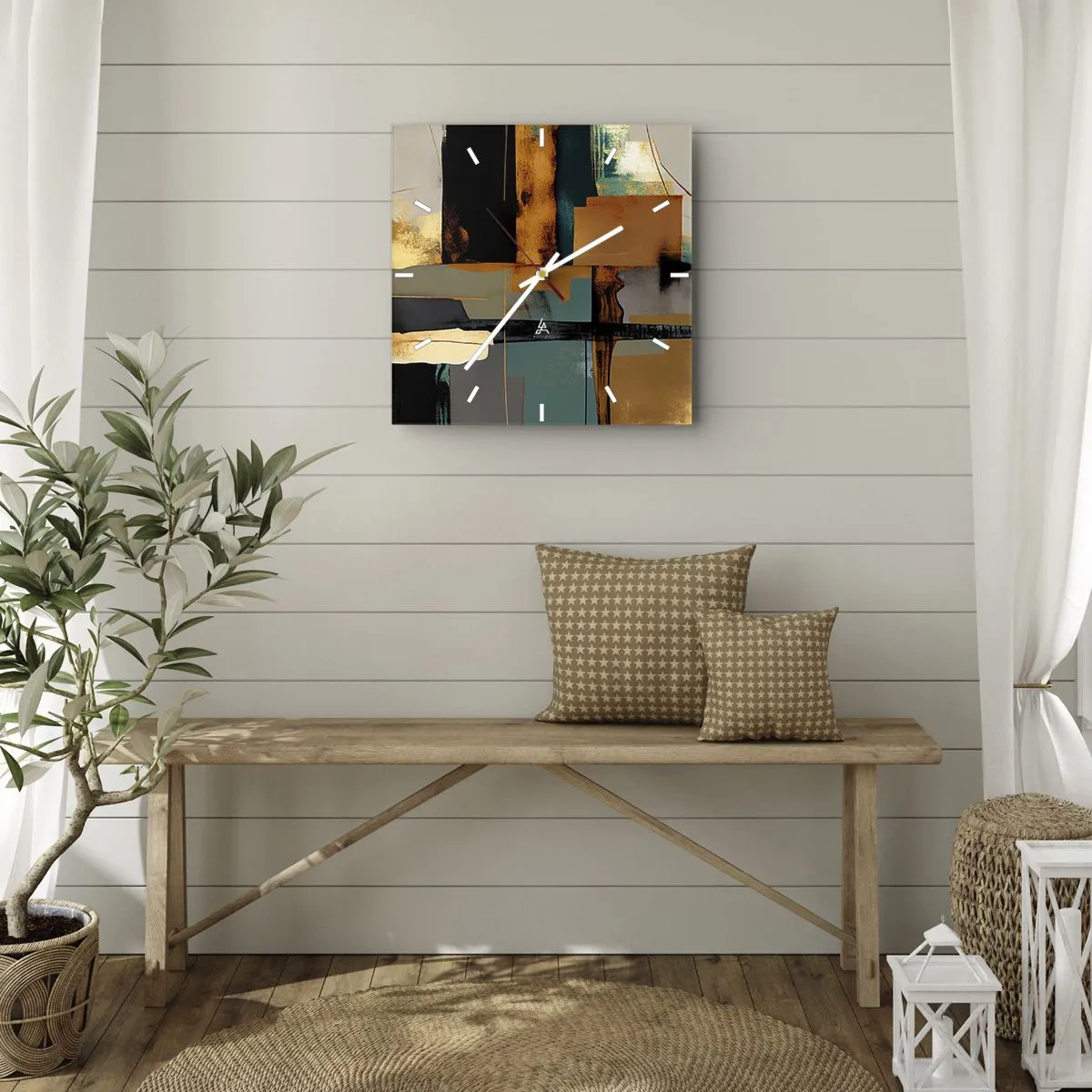 Wanduhr - Glasuhr - Abstrakte Komposition mit goldenen und türkisfarbenen Elementen - 30x30cm - Abstraktion – Licht und Schatten - Moderne Wanddekoration für Wohnzimmer und Schlafzimmer ARTTOR