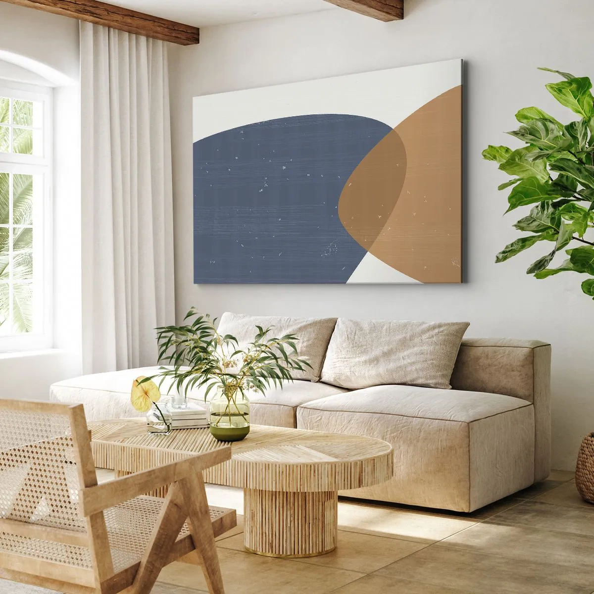 Bild auf Leinwand - Leinwandbild - Eine minimalistische geometrische Komposition in Blau- und Orangetönen. - 70x50cm - Ovale und Einflüsse - Moderne Wanddekoration für Wohnzimmer und Schlafzimmer ARTTOR
