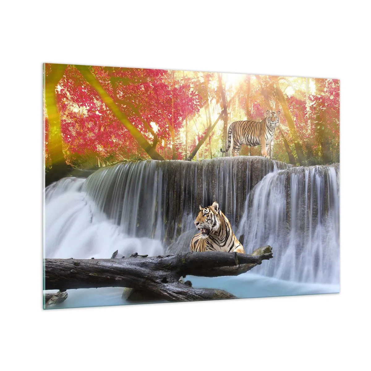 Glasbild - Bild auf glas - Tiger vor einem Wasserfall und Herbstlandschaft - 100x70cm - Surreale Landschaft - Moderne Wanddekoration für Wohnzimmer und Schlafzimmer ARTTOR