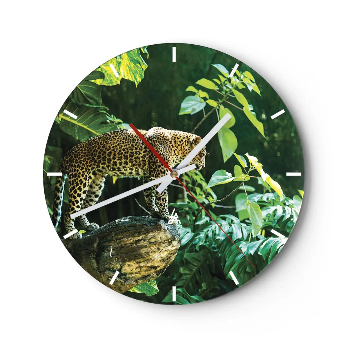 Wanduhr - Glasuhr - Leopard im Dschungel vor einem Hintergrund aus grünen Blättern - 30x30cm - Auf die Jagd? - Moderne Wanddekoration für Wohnzimmer, Küche und Schlafzimmer ARTTOR