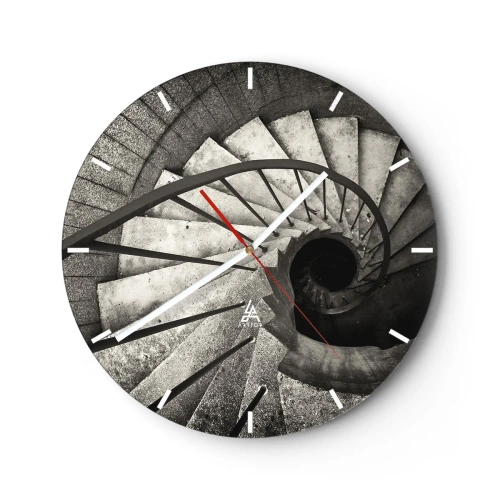 Wanduhr - Glasuhr - Schwarz-weiße Wendeltreppe mit Blick nach unten und geometrischer Stufenanordnung - 30x30cm - Treppe hoch, Treppe runter - Moderne Wanddekoration für Wohnzimmer, Küche und Schlafzimmer ARTTOR