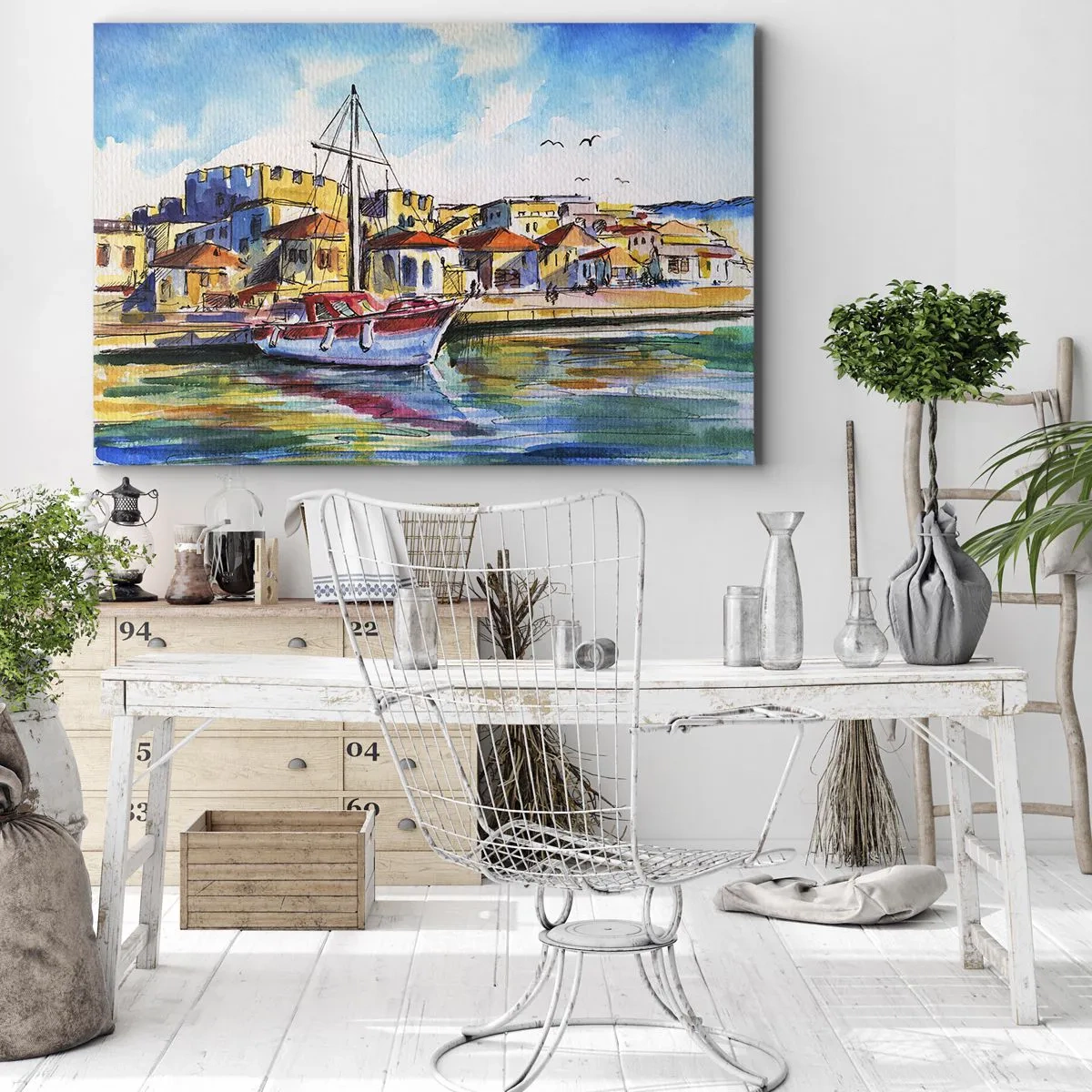Bild auf Leinwand - Leinwandbild - Ein malerischer Hafen mit einem Boot und farbenfrohen Gebäuden - 70x50cm - Regenbogennachmittag - Moderne Wanddekoration für Wohnzimmer und Schlafzimmer ARTTOR