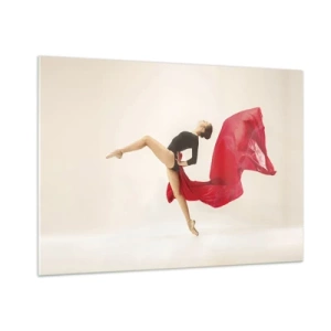 Glasbild - Bild auf glas - Eine Tänzerin im dynamischen Sprung mit rotem Stoff - 100x70cm - Rot und Schwarz - Moderne Wanddekoration für Wohnzimmer und Schlafzimmer ARTTOR