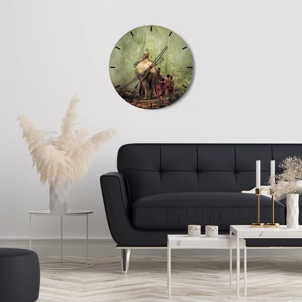 Wanduhr - Glasuhr - Kinder und ein Elefant in einem dichten Wald am Morgen - 30x30cm - Neues Dschungelbuch - Moderne Wanddekoration für Wohnzimmer, Küche und Schlafzimmer ARTTOR