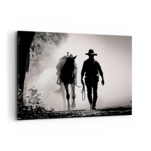 Bild auf Leinwand - Leinwandbild - Cowboy mit Pferd im Morgennebel - 100x70cm - Texas-Morgen - Moderne Wanddekoration für Wohnzimmer und Schlafzimmer ARTTOR