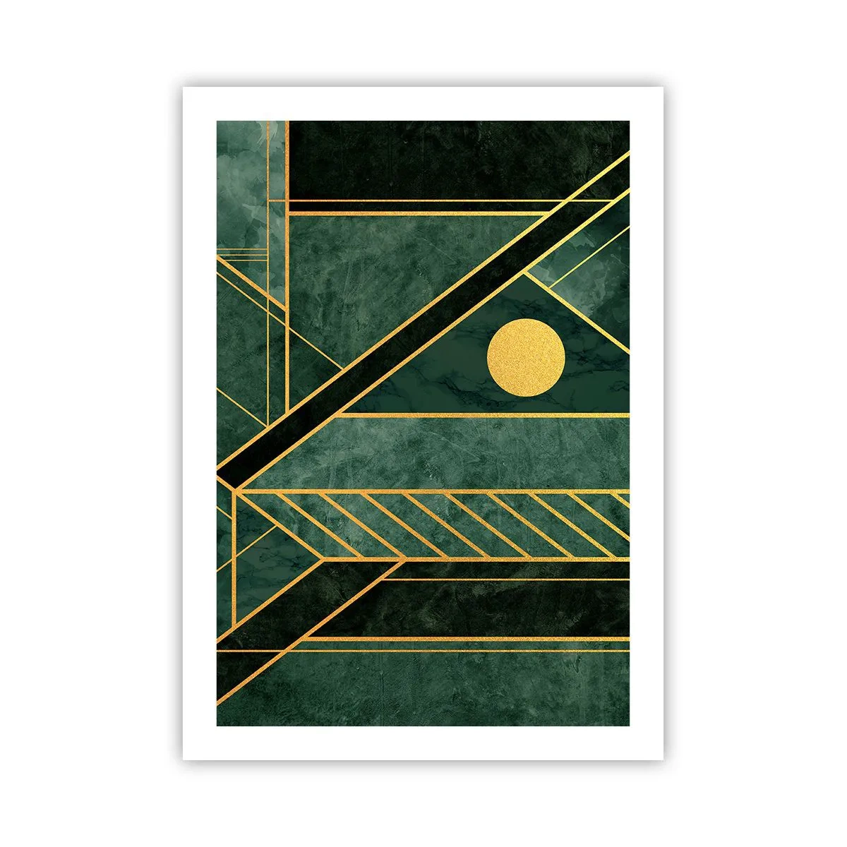 Poster - Geometrische Abstraktion in Grün mit goldenen Akzenten - 50x70cm - Dynamik von Gold und Azurblau - Moderne Wanddekoration für Wohnzimmer und Schlafzimmer ARTTOR