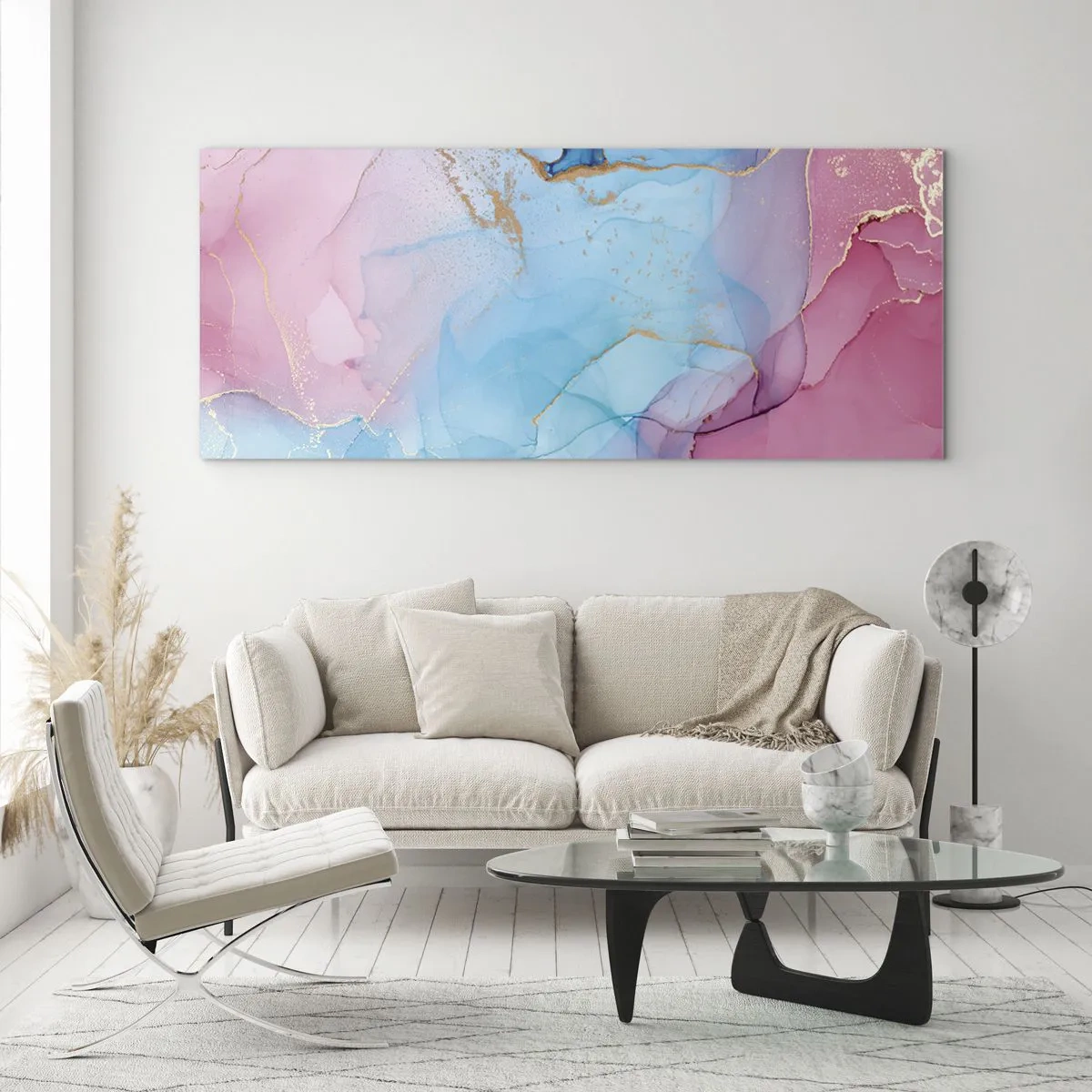 Glasbild - Bild auf glas - Abstrakte Pastellmuster mit goldenen Akzenten - 140x50cm - Begegnung und Durchdringung - Moderne Wanddekoration für Wohnzimmer und Schlafzimmer ARTTOR