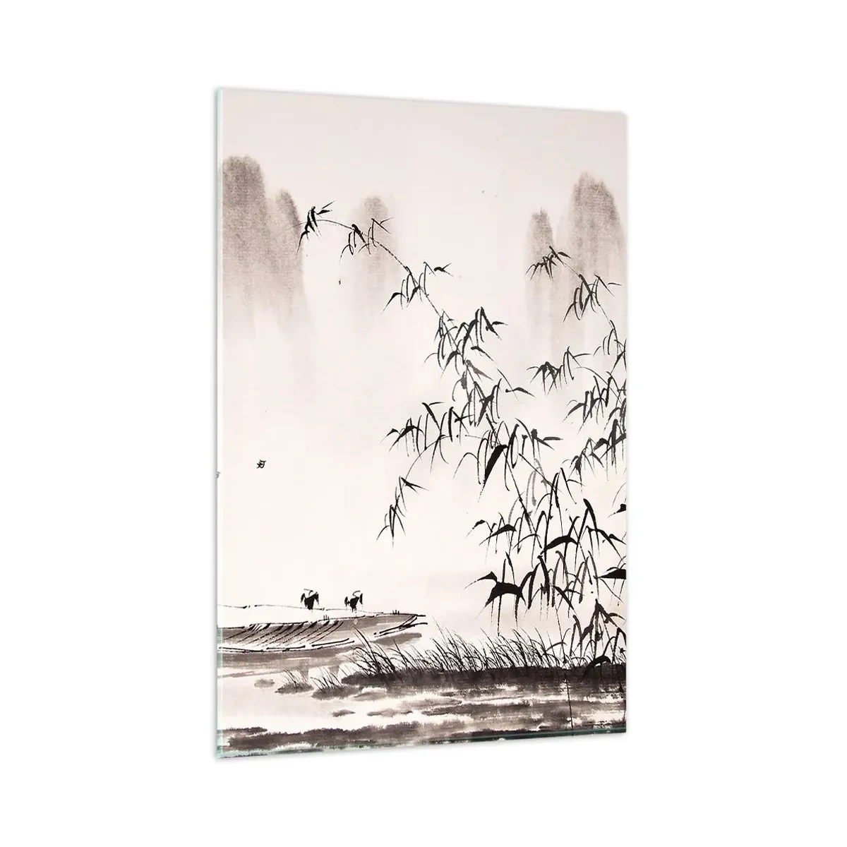 Glasbild - Bild auf glas - Eine minimalistische Landschaft im orientalischen Stil - 80x120cm - Die Stille der Reisfelder - Moderne Wanddekoration für Wohnzimmer und Schlafzimmer ARTTOR