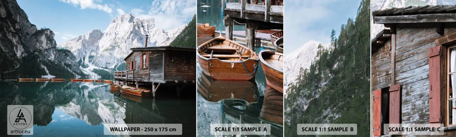 Fototapeten Muster Selbstklebend Deluxe Sticker - Kristallklarer Bergmorgen - Berglandschaft, Sonne, See - 100x30 cm