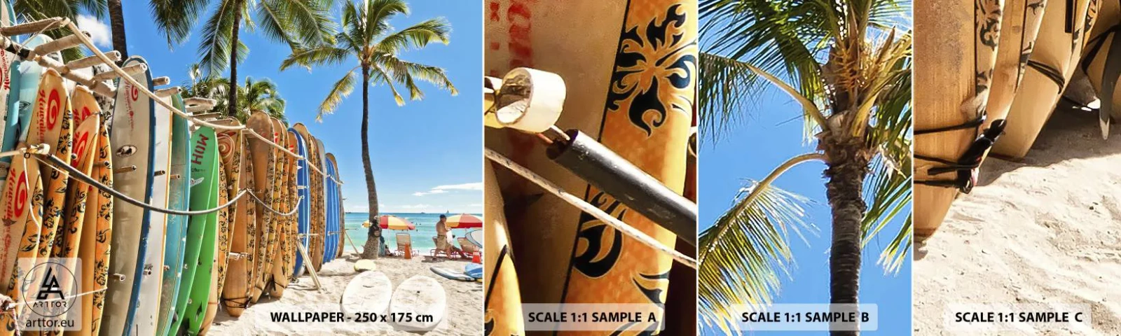 Fototapetenmuster Standard Eco - Sonniger Spaß - Landschaft, Surfbrett, Strand - 100x30 cm