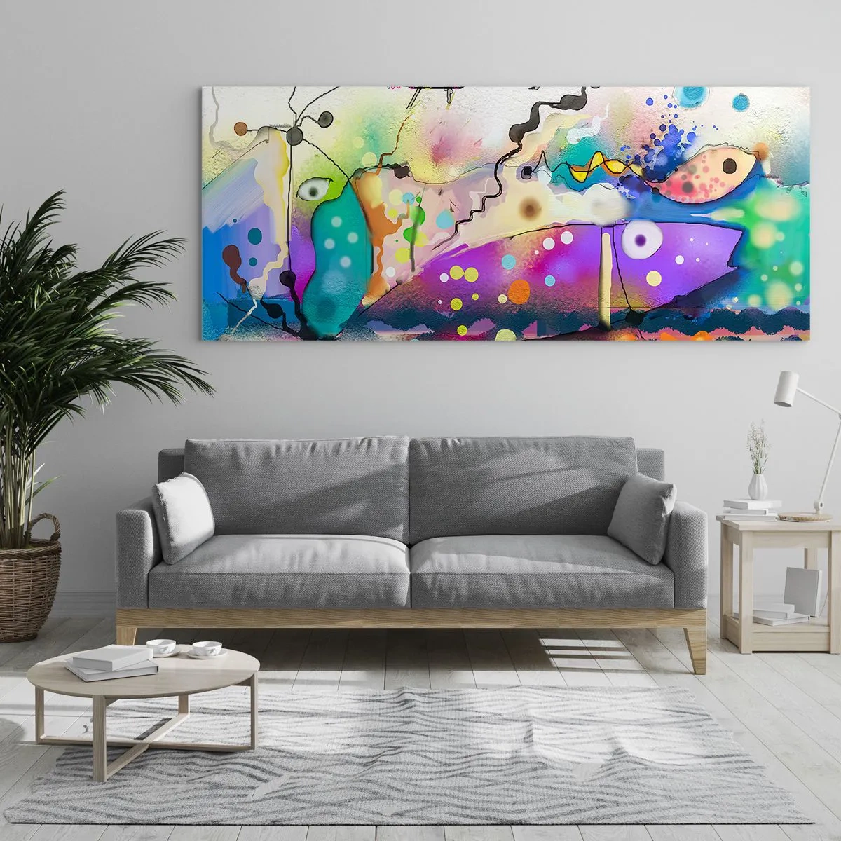 Glasbild - Bild auf glas - Abstrakter Fisch in einer farbenfrohen, surrealen Komposition - 140x50cm - Es fehlen die Worte! - Moderne Wanddekoration für Wohnzimmer und Schlafzimmer ARTTOR