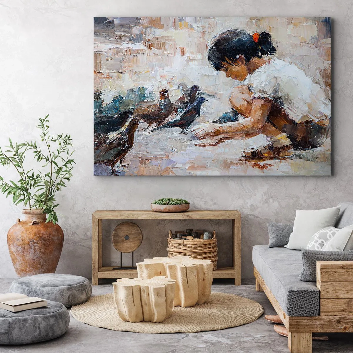 Bild auf Leinwand - Leinwandbild - Ein Mädchen, das Vögel in einem malerischen Stil füttert - 70x50cm - Die Kleinen und die Schönsten - Moderne Wanddekoration für Wohnzimmer und Schlafzimmer ARTTOR