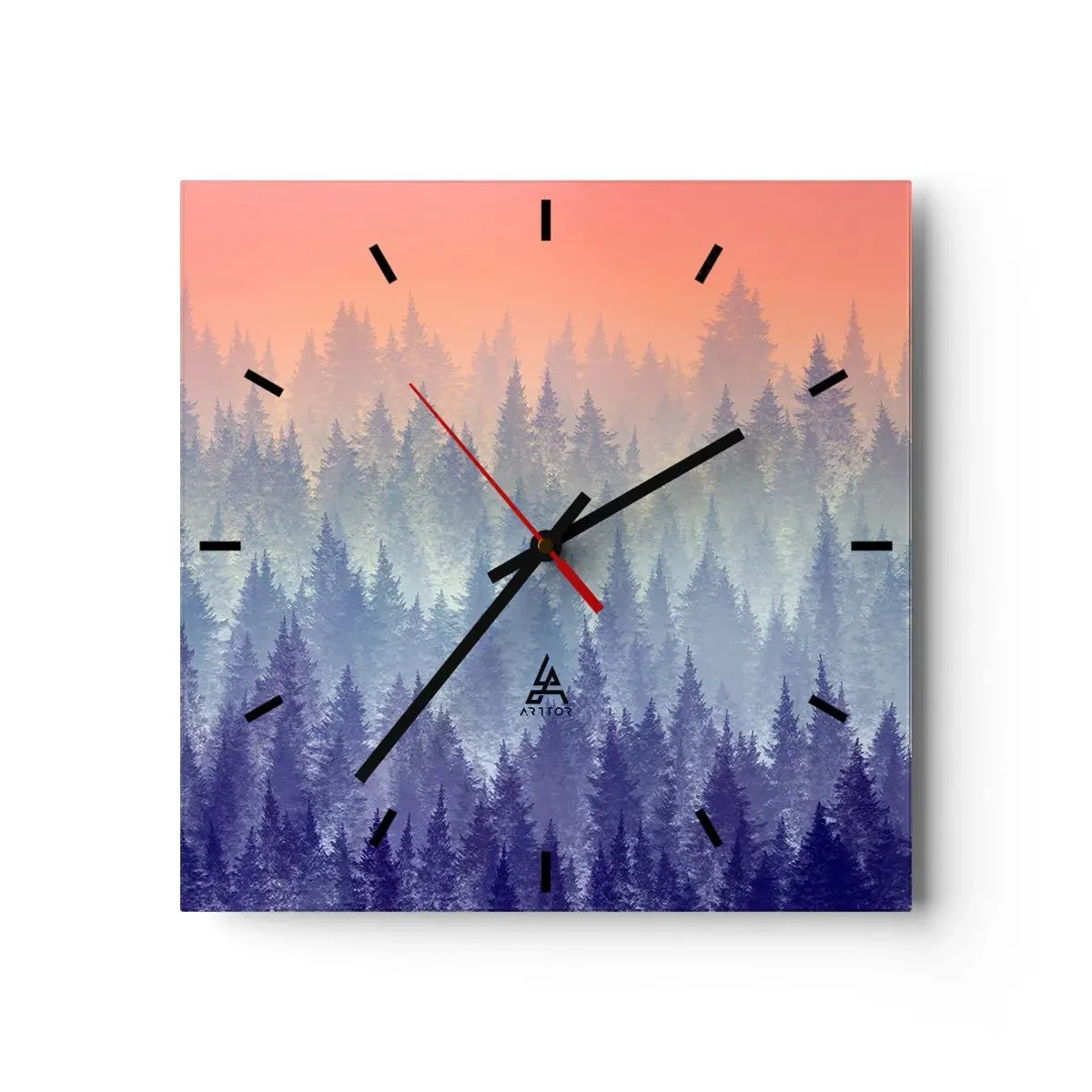Wanduhr - Glasuhr - Ein nebliger Wald in Lila- und Orangetönen - 30x30cm - Hoch, höher, zum Himmel - Moderne Wanddekoration für Wohnzimmer und Schlafzimmer ARTTOR