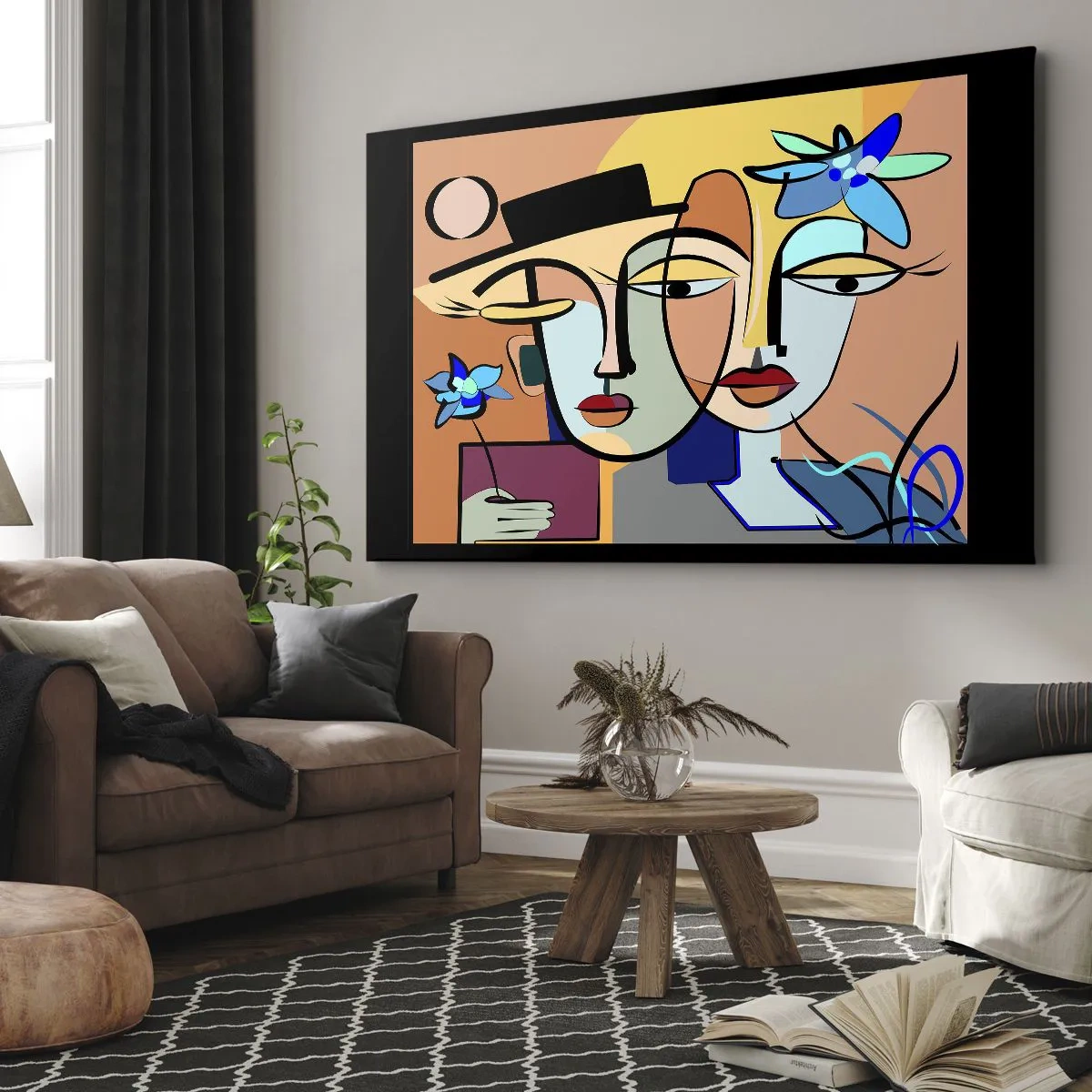 Bild auf Leinwand - Leinwandbild - Kubistische Porträts in leuchtenden Farben mit floralem Motiv - 120x80cm - Picassos randez vous - Moderne Wanddekoration für Wohnzimmer und Schlafzimmer ARTTOR