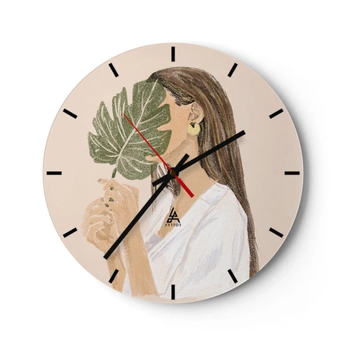 Wanduhr - Glasuhr - Eine weibliche Silhouette, die vor einem hellen Hintergrund von einem Monsterablatt verdeckt wird. - 30x30cm - Geheimnisvolles Porträt mit Fächer - Moderne Wanddekoration für Wohnzimmer, Küche und Schlafzimmer ARTTOR