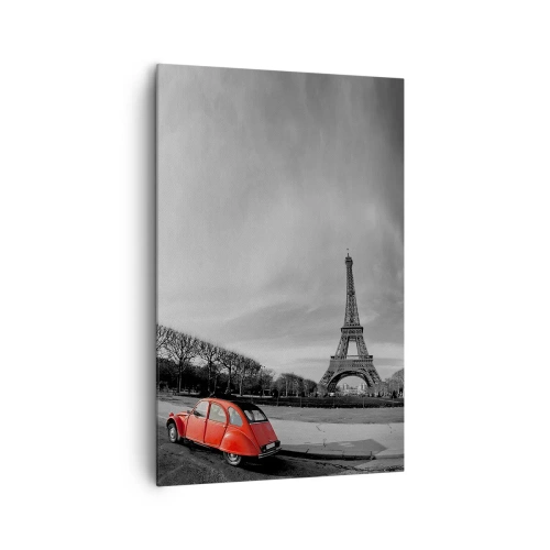 Bild auf Leinwand - Leinwandbild - Ein rotes Auto mit dem Eiffelturm im Hintergrund in einer schwarz-weißen Landschaft - 80x120cm - Pariser als Paris selbst - Moderne Wanddekoration für Wohnzimmer und Schlafzimmer ARTTOR