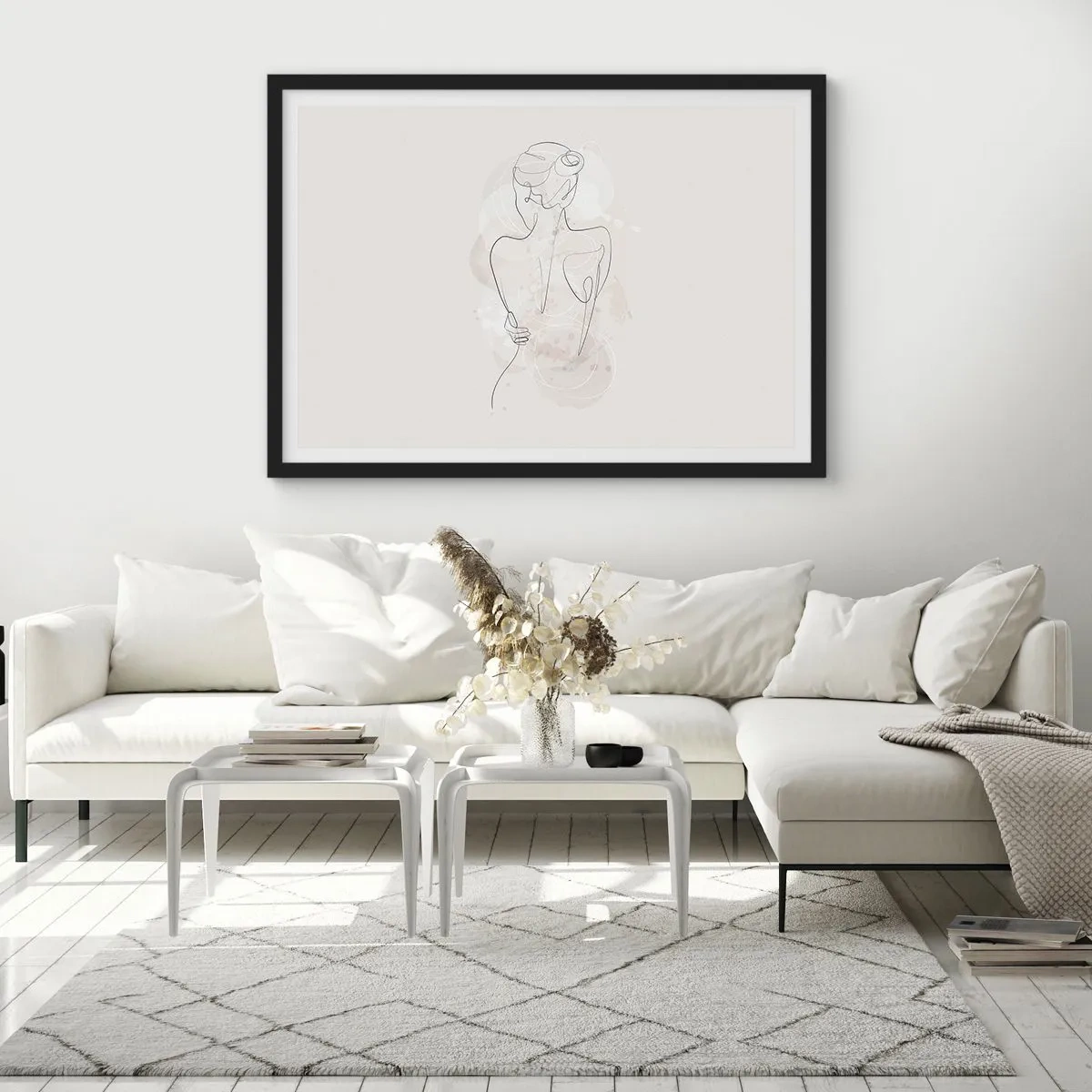 Poster in einem schwarzem Rahmen - Eine minimalistische Skizze einer weiblichen Silhouette vor hellem Hintergrund. - 100x70cm - Wie ein sensibles Instrument - Moderne Wanddekoration für Wohnzimmer und Schlafzimmer ARTTOR