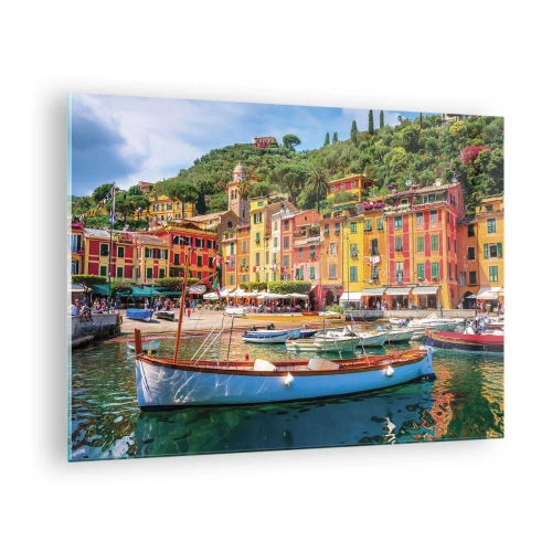 Glasbild - Bild auf glas - Bunte Gebäude am Hafen in einer malerischen Stadt - 70x50cm - Italienischer Morgen - Moderne Wanddekoration für Wohnzimmer und Schlafzimmer ARTTOR