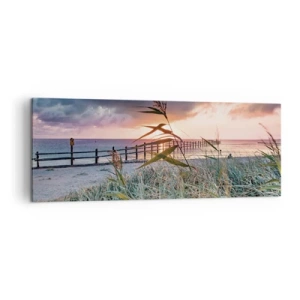 Bild auf Leinwand - Leinwandbild - Strand bei Sonnenuntergang mit Gräsern im Vordergrund - 140x50cm - Es vergeht nicht mit dem Wind - Moderne Wanddekoration für Wohnzimmer und Schlafzimmer ARTTOR