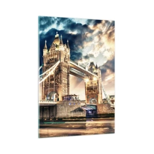 Glasbild - Bild auf glas - Tower Bridge in London vor dramatischem Himmel - 50x70cm - Denkmal des viktorianischen Imperiums - Moderne Wanddekoration für Wohnzimmer und Schlafzimmer ARTTOR