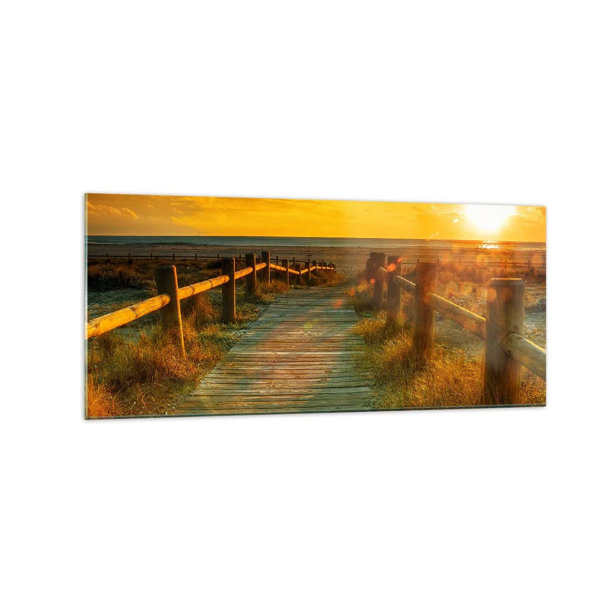 Glasbild - Bild auf glas - Ein Holzweg, der im Schein der untergehenden Sonne zum Strand führt - 120x50cm - In altem Gold gebadet - Moderne Wanddekoration für Wohnzimmer und Schlafzimmer ARTTOR