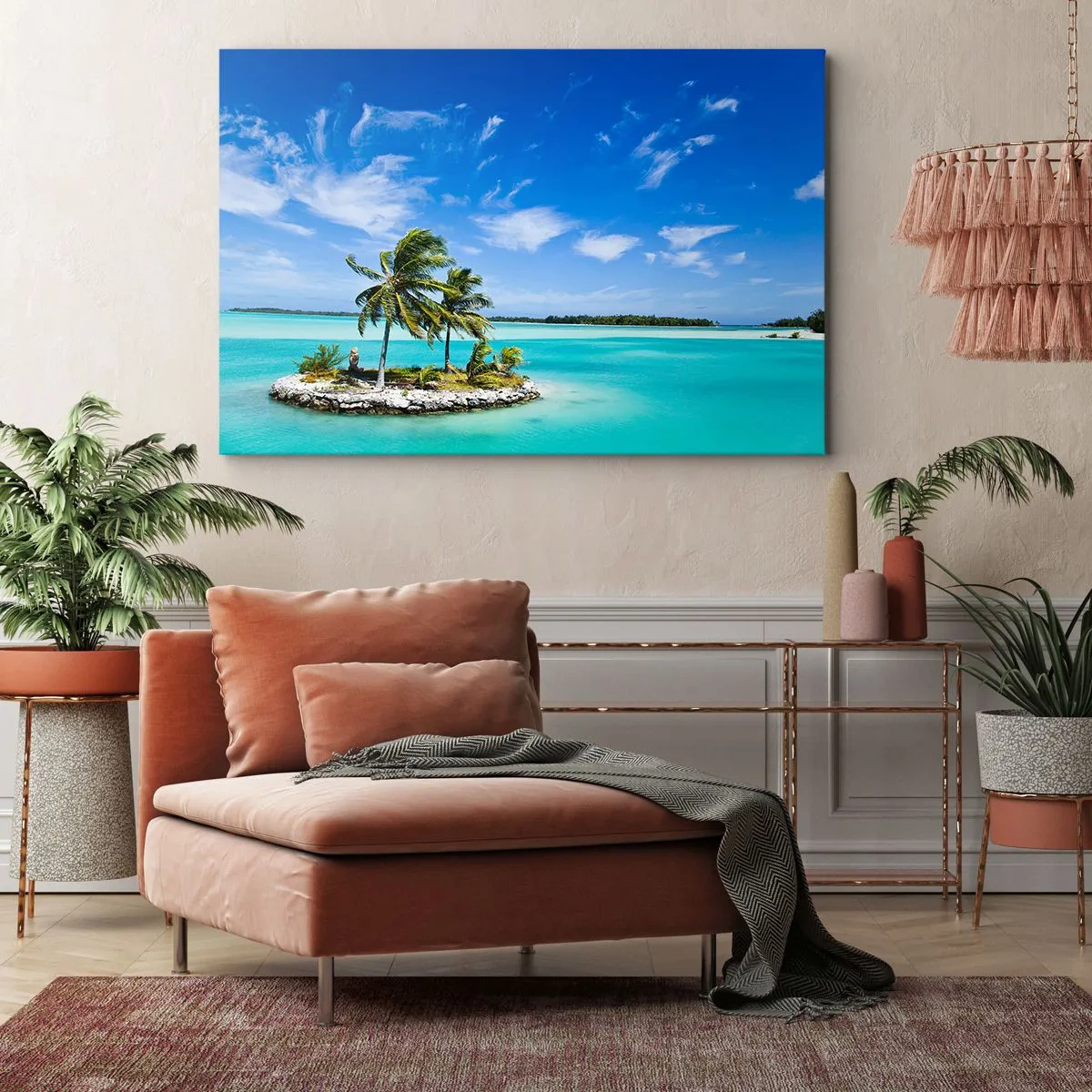 Bild auf Leinwand - Leinwandbild - Eine exotische Insel mit Palmen auf türkisfarbenem Wasser - 70x50cm - Ein Paradies auf Erden - Moderne Wanddekoration für Wohnzimmer und Schlafzimmer ARTTOR