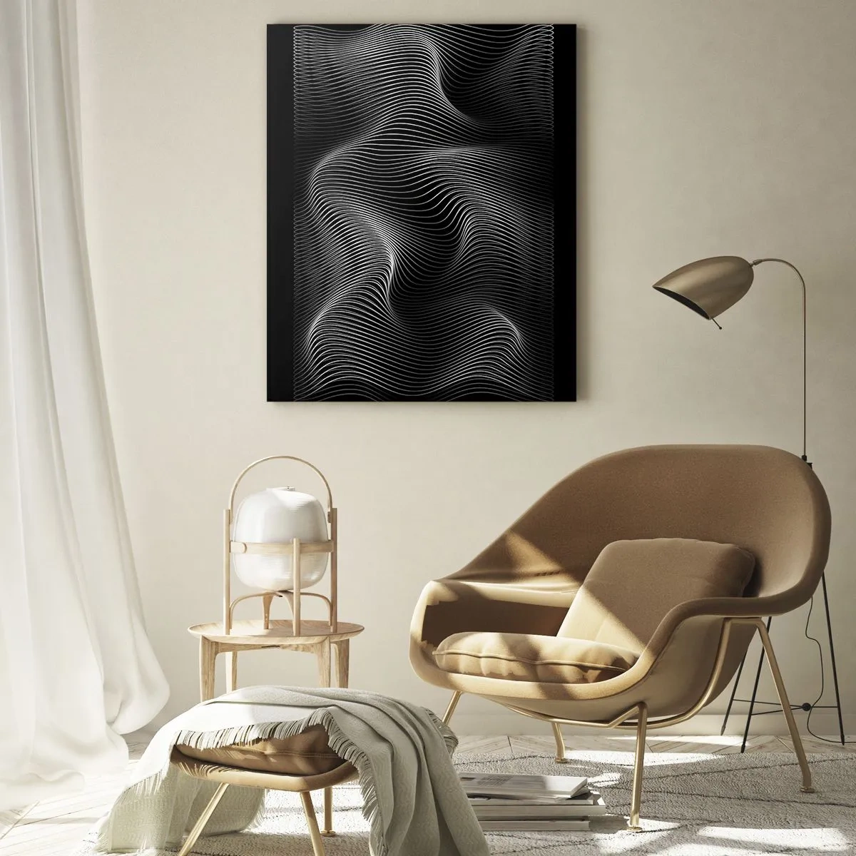 Glasbild - Bild auf glas - Hypnotisierende weiße Linien, die sich vor einem schwarzen Hintergrund kräuseln - 50x70cm - Lichttanz im Raum - Moderne Wanddekoration für Wohnzimmer und Schlafzimmer ARTTOR