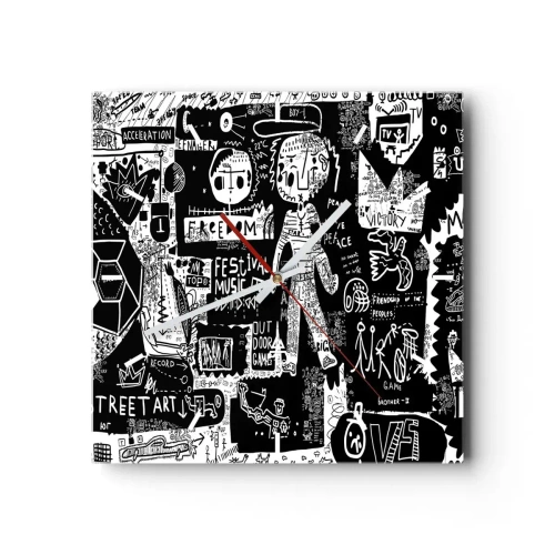 Wanduhr - Glasuhr - Von der Straßenkunst inspirierte Schwarz-Weiß-Collage - 30x30cm - Spirituelle Jugend des Gesetzes und der Freude - Moderne Wanddekoration für Wohnzimmer und Schlafzimmer ARTTOR