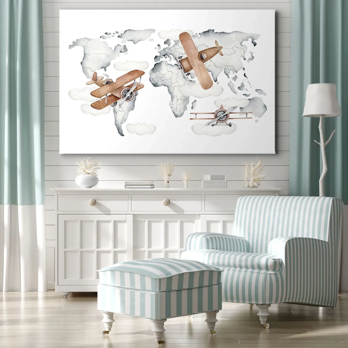 Bild auf Leinwand - Leinwandbild - Illustration einer Weltkarte mit Flugzeugen - 70x50cm - Im Pioniergeist - Moderne Wanddekoration für Wohnzimmer und Schlafzimmer ARTTOR