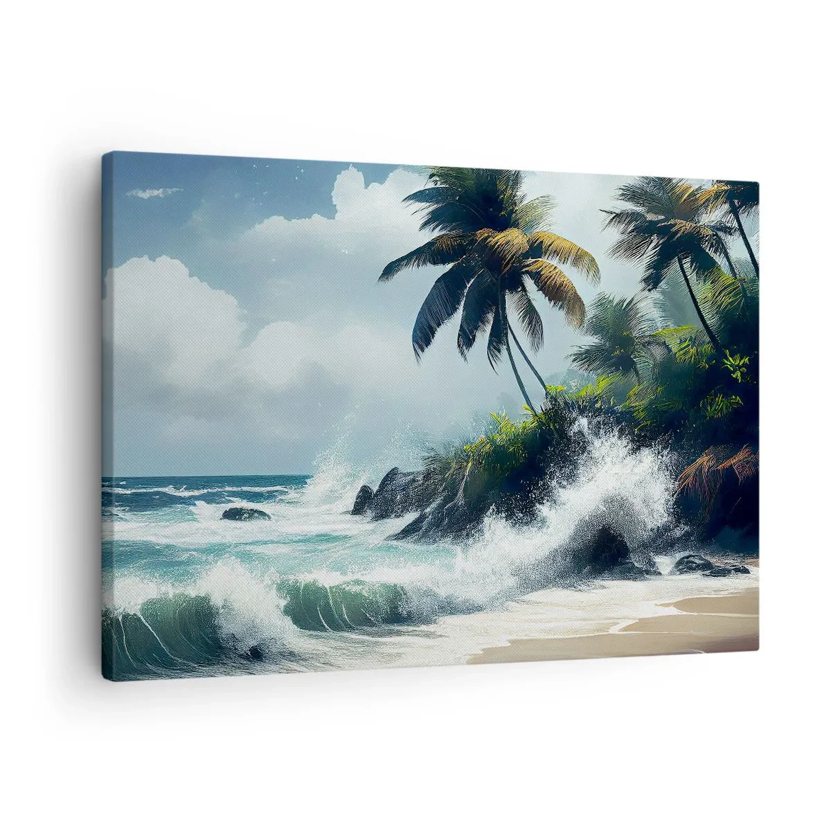 Bild auf Leinwand - Leinwandbild - Tropische Küste mit Palmen und rauer See - 70x50cm - Am tropischen Ufer - Moderne Wanddekoration für Wohnzimmer und Schlafzimmer ARTTOR